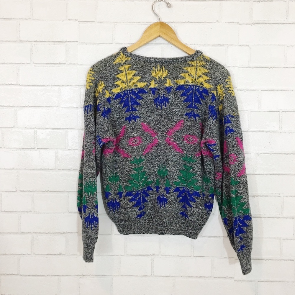 80s Vintage Gray Multi Color Patterned Slouchy Cozy Patterned Sweater - Picture 5 of 6